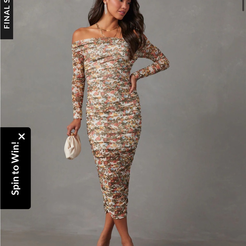 Vici Off-Shoulder Floral Midi Dress in Cream, Pink, Green